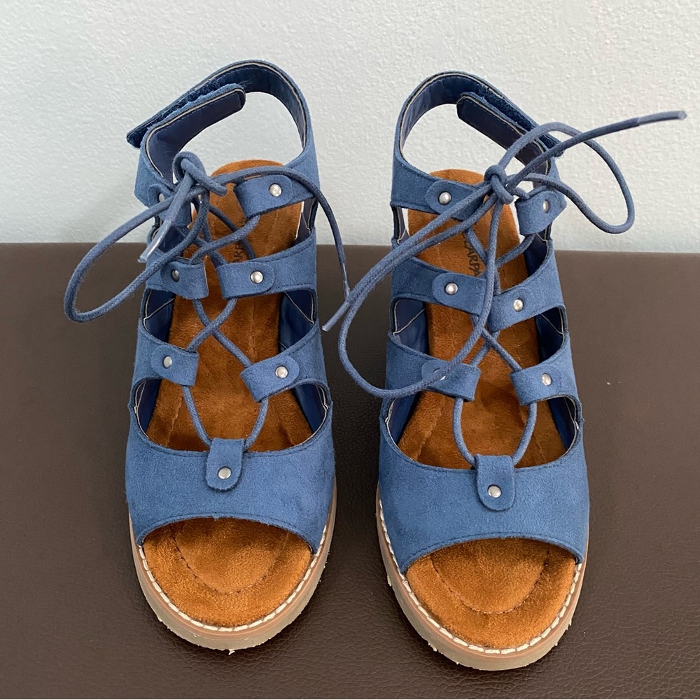 Bear Paw Bearpaw Blue Rhonda Lace-Up Wedge Heel Sandals Women's Size 5